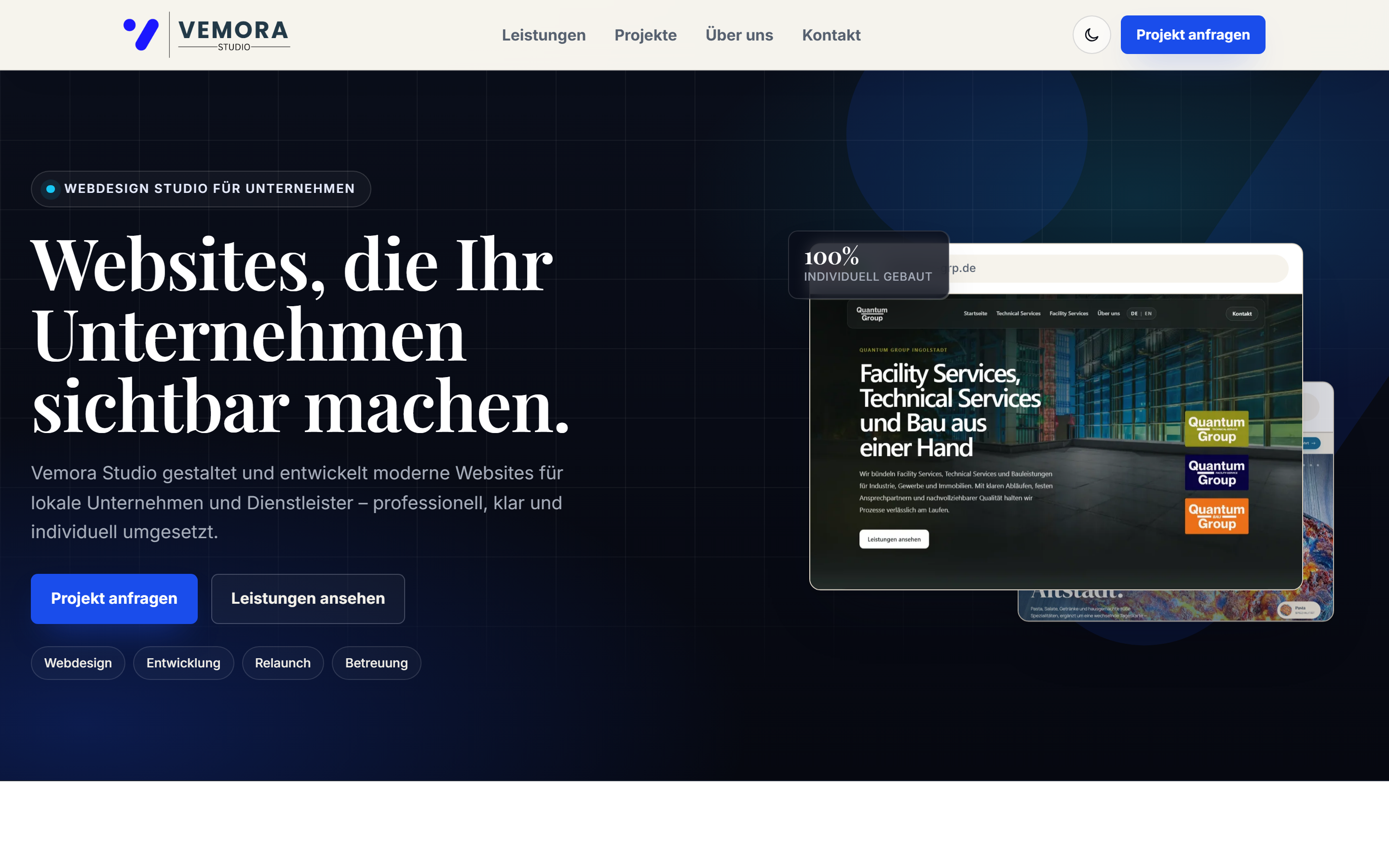 Screenshot der Vemora-Studio-Website: dunkle Startseite mit dem Titel „Websites, die Ihr Unternehmen sichtbar machen"