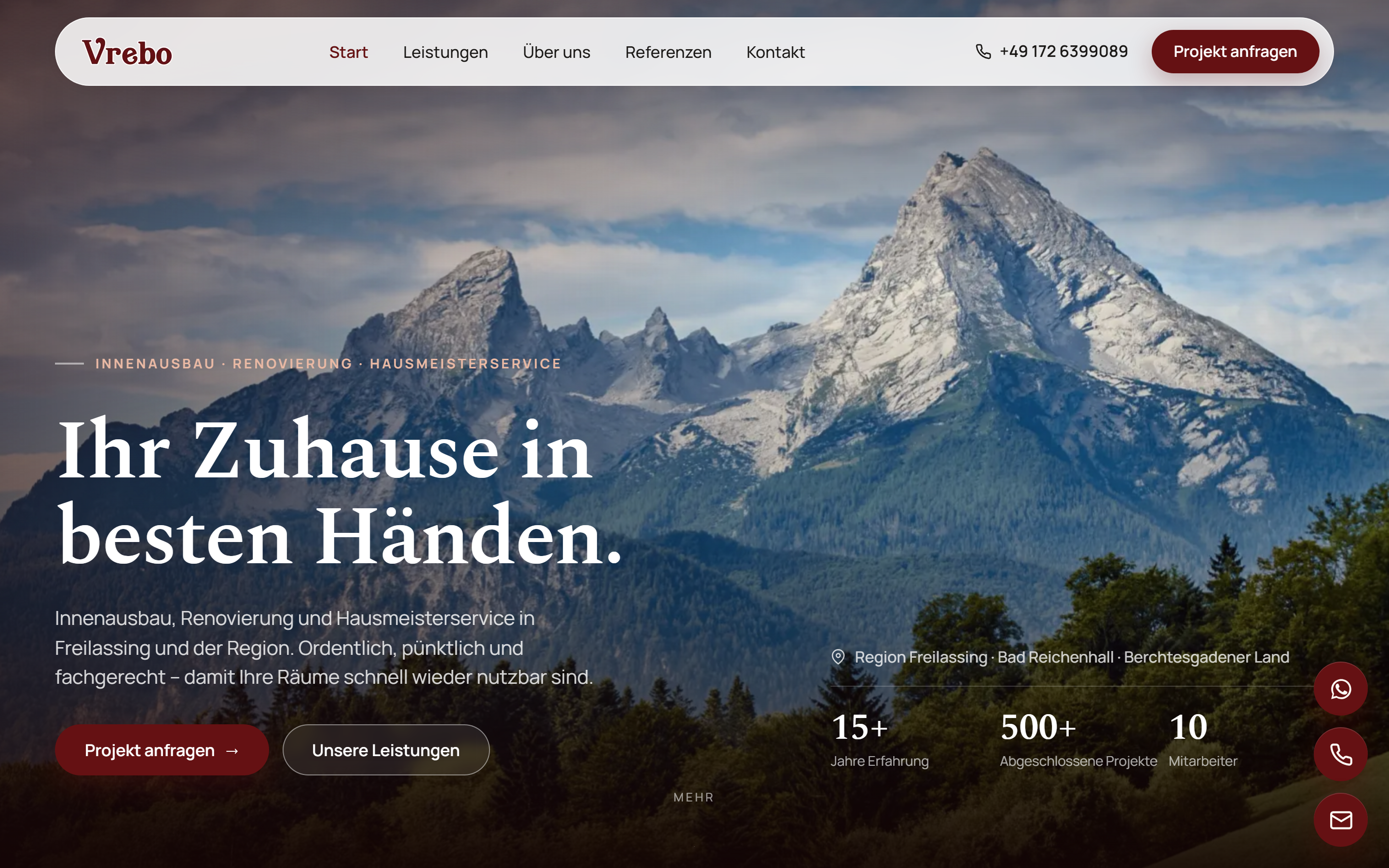 Screenshot der Vrebo-Bau-Website: Bergpanorama mit dem Titel „Ihr Zuhause in besten Händen"